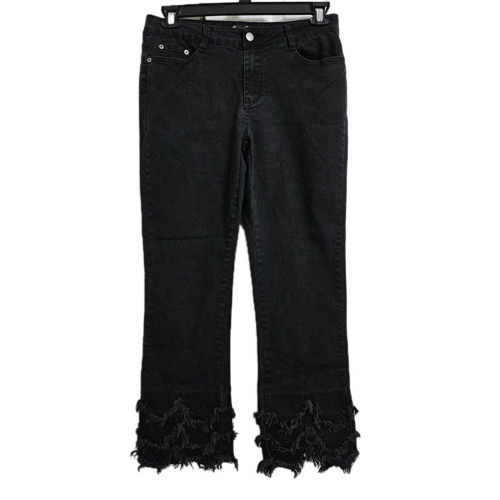 A.Z.I New York Fringe Hem Jeans Women 12 Black Straight Leg Distressed Edgy Boho